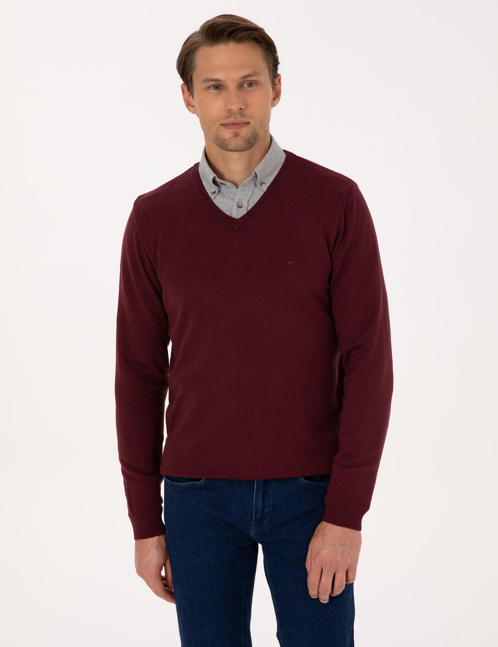 Koyu Bordo Slim Fit V Yaka Basic Triko Kazak - Pierre cardin фото 3