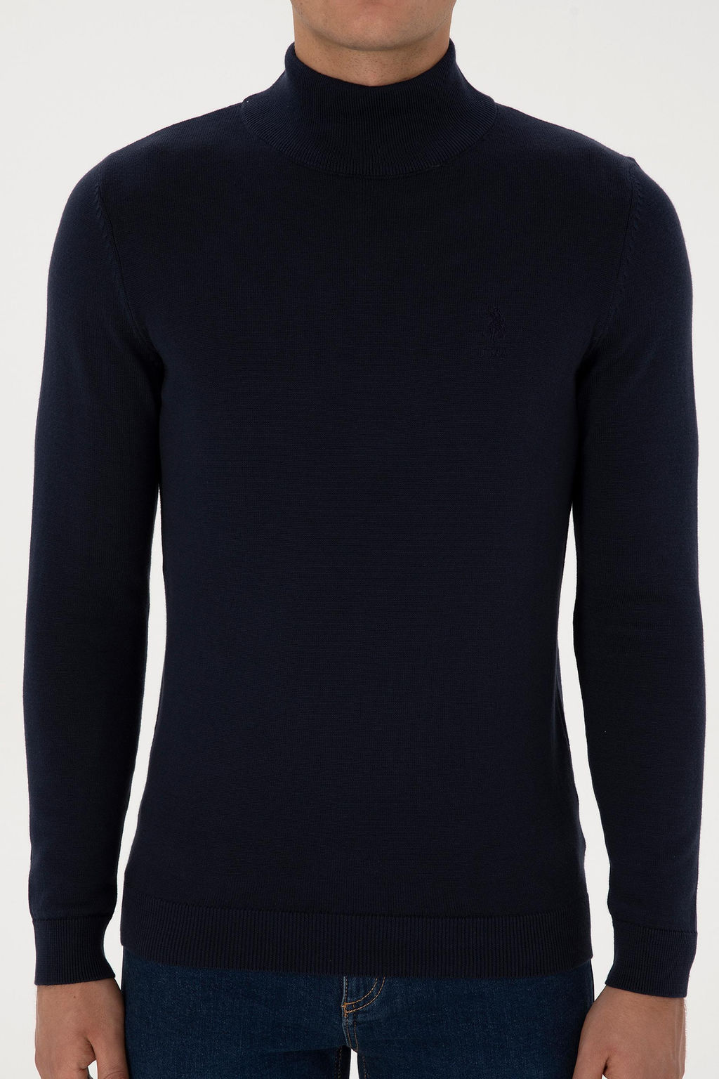 Erkek Slim Fit Yar_m Bal_k__ Yaka Lacivert Basic Kazak