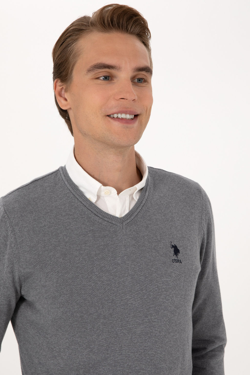 Erkek Slim Fit V Yaka Gri Melanj Basic Kazak - U.s. polo assn фото 9