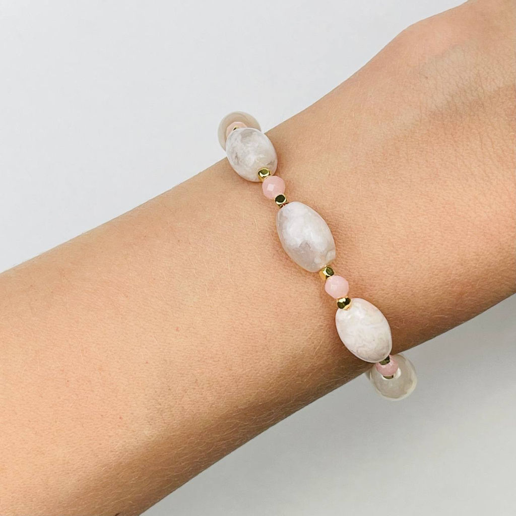 Браслет из цветочного Агата и Кальцита 16,5 см +