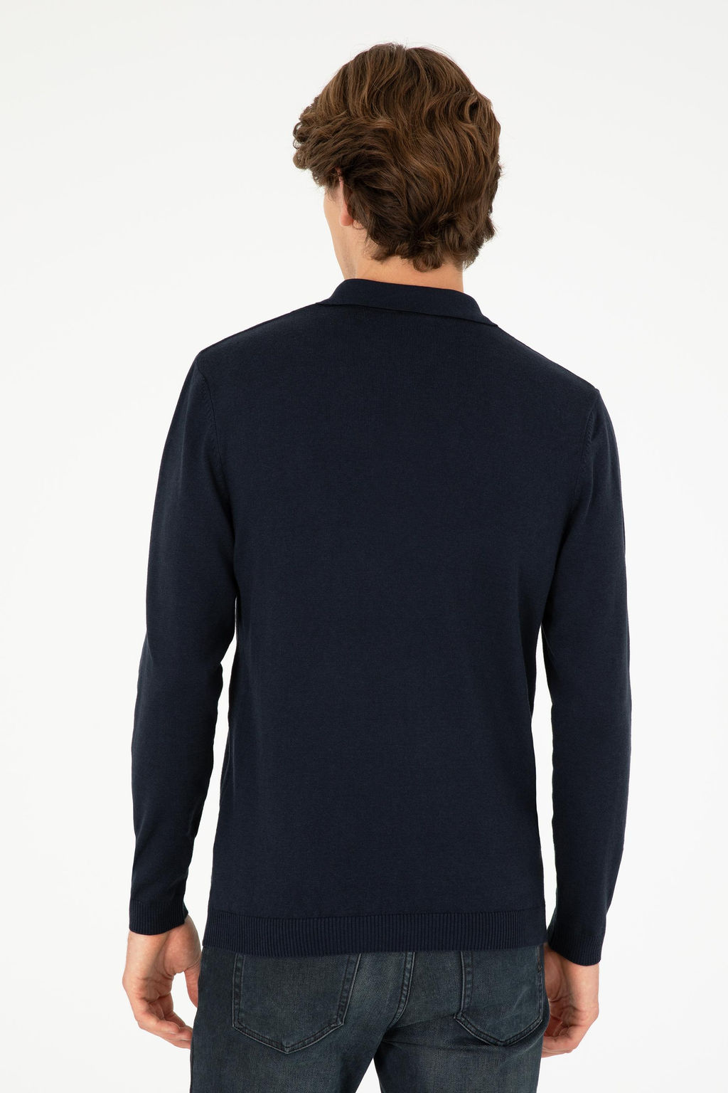Erkek Slim Fit Polo Yaka Lacivert Basic Kazak
