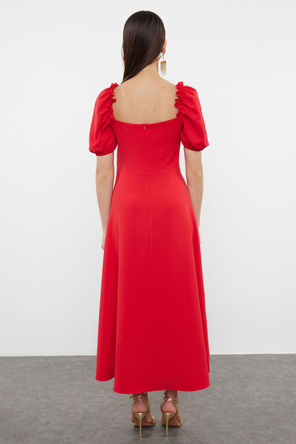 K?rm?z? A-Kesim Balon Kol Detayl? Dokuma S?k Abiye Elbise TPRSS24EL00195 - Trendyolmilla фото 5