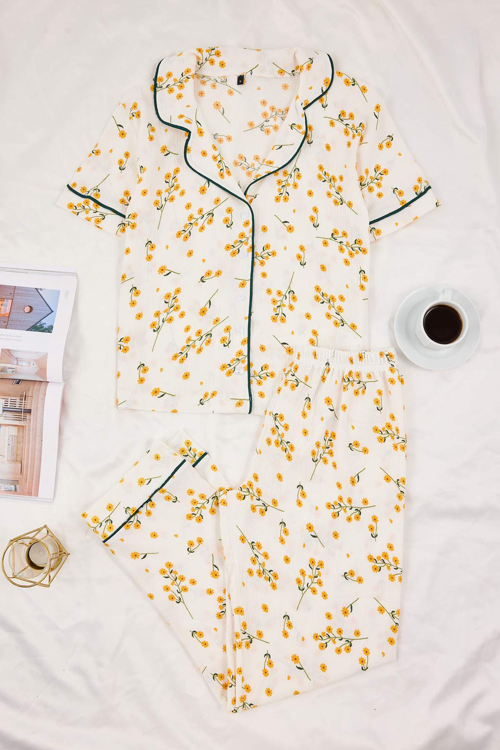 Beyaz Cicekli Biyeli Burumcuk Dokulu Orme Pijama Tak?m? THMSS26PT00020 - Trendyolmilla фото 5