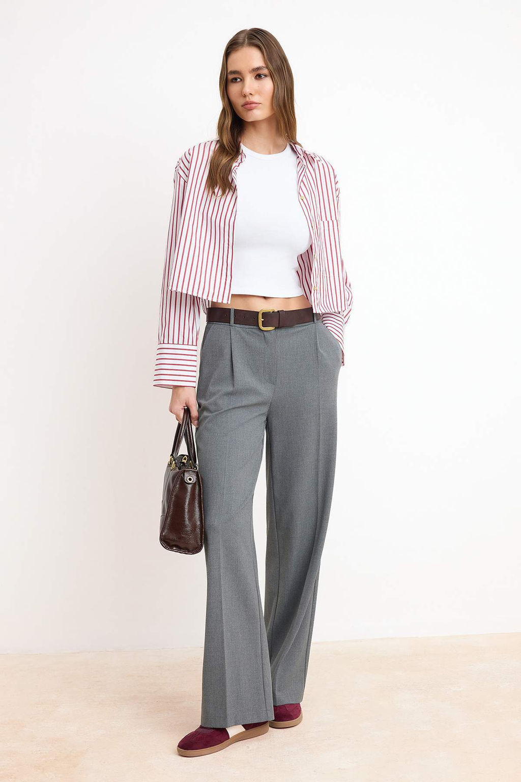 TRENDYOLMILLA Antrasit Palazzo/Extra Genis Paca Dokuma Kumas Pantolon TWOSS23PL00062  фото 14