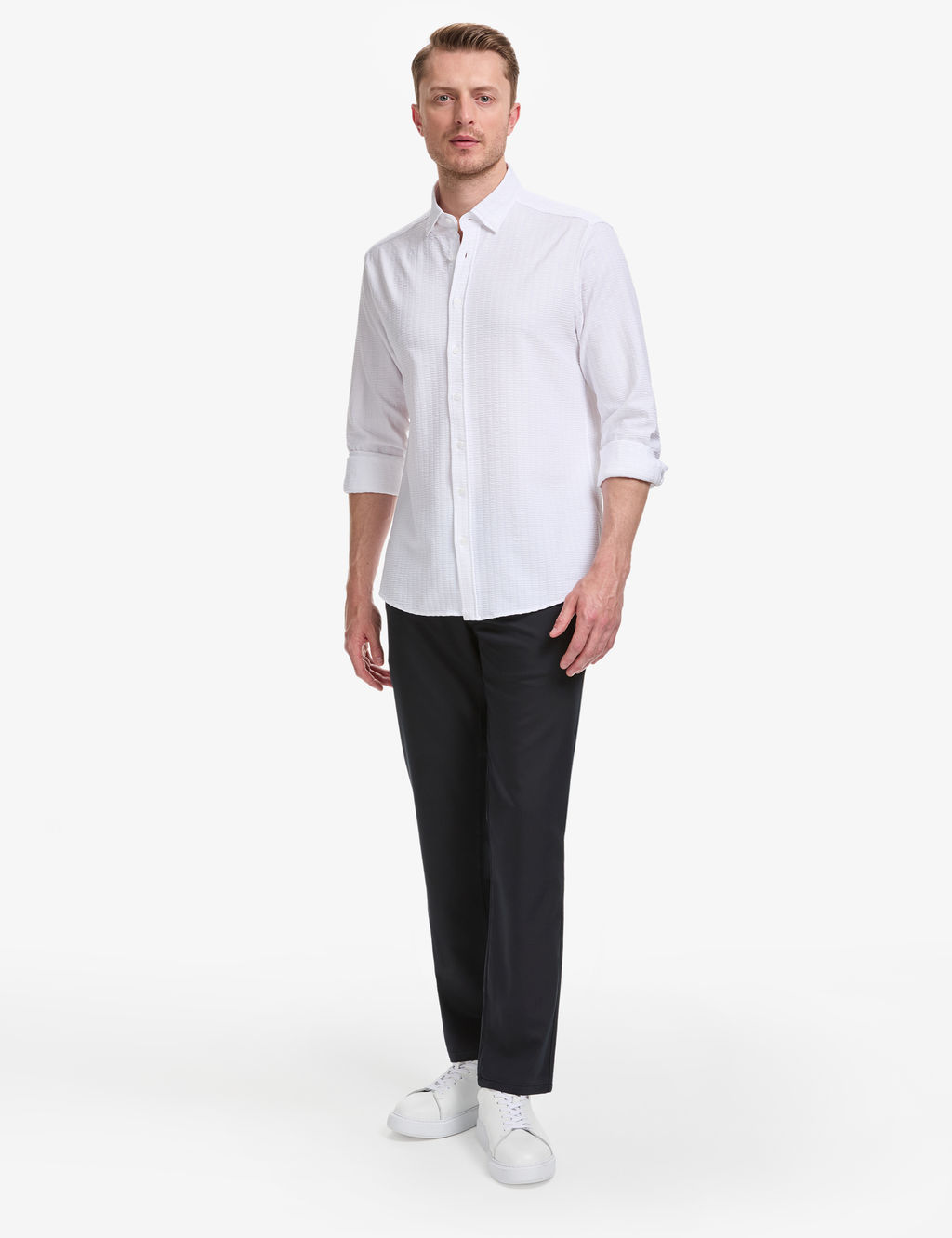 Beyaz Dokulu Regular Fit K_sa Kollu G_mlek