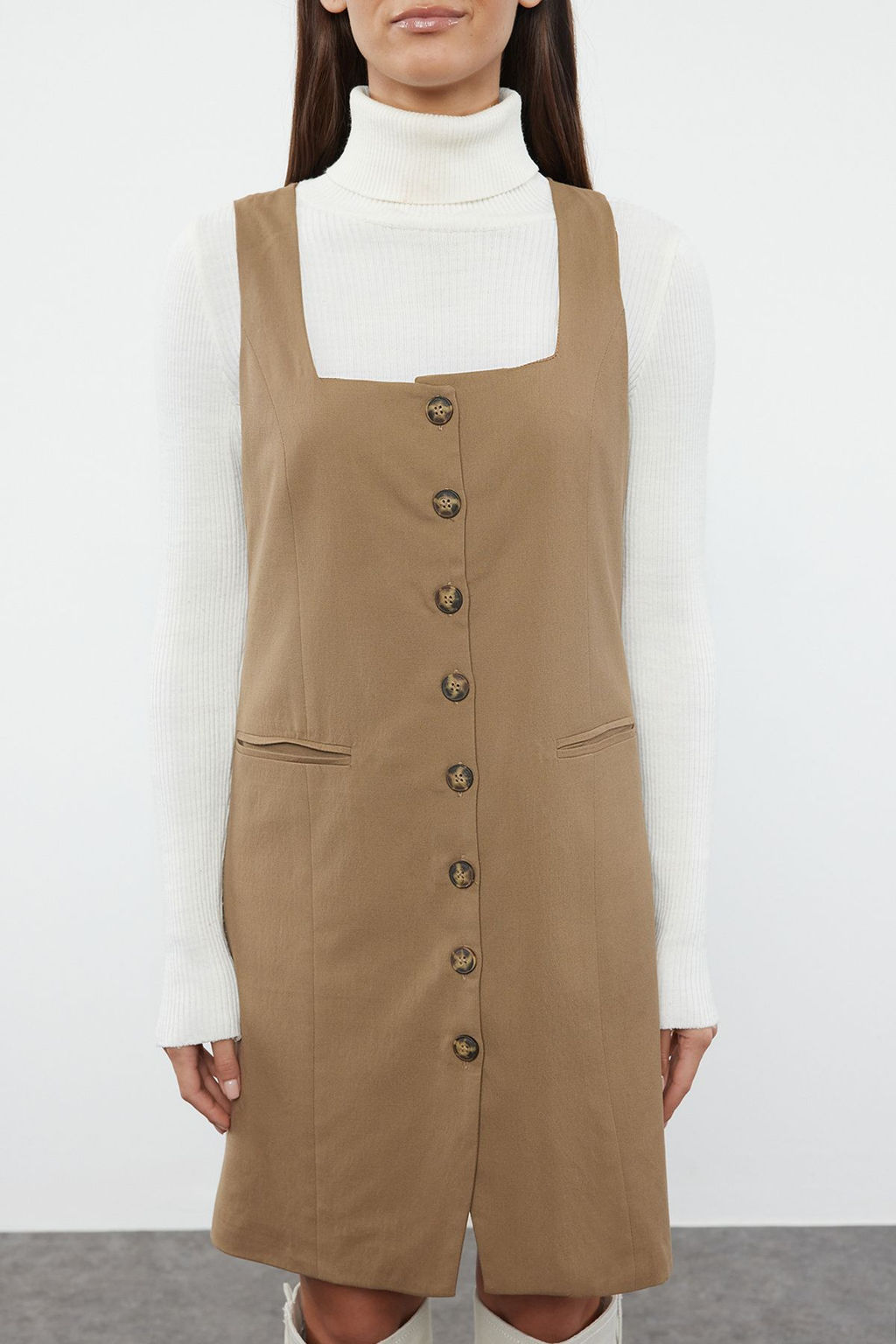 TRENDYOLMILLA Vizon Kare Yaka Poliviskon Kumas Astarl? Mini Dokuma Ceket Elbise TWOAW25EL00191  фото 8