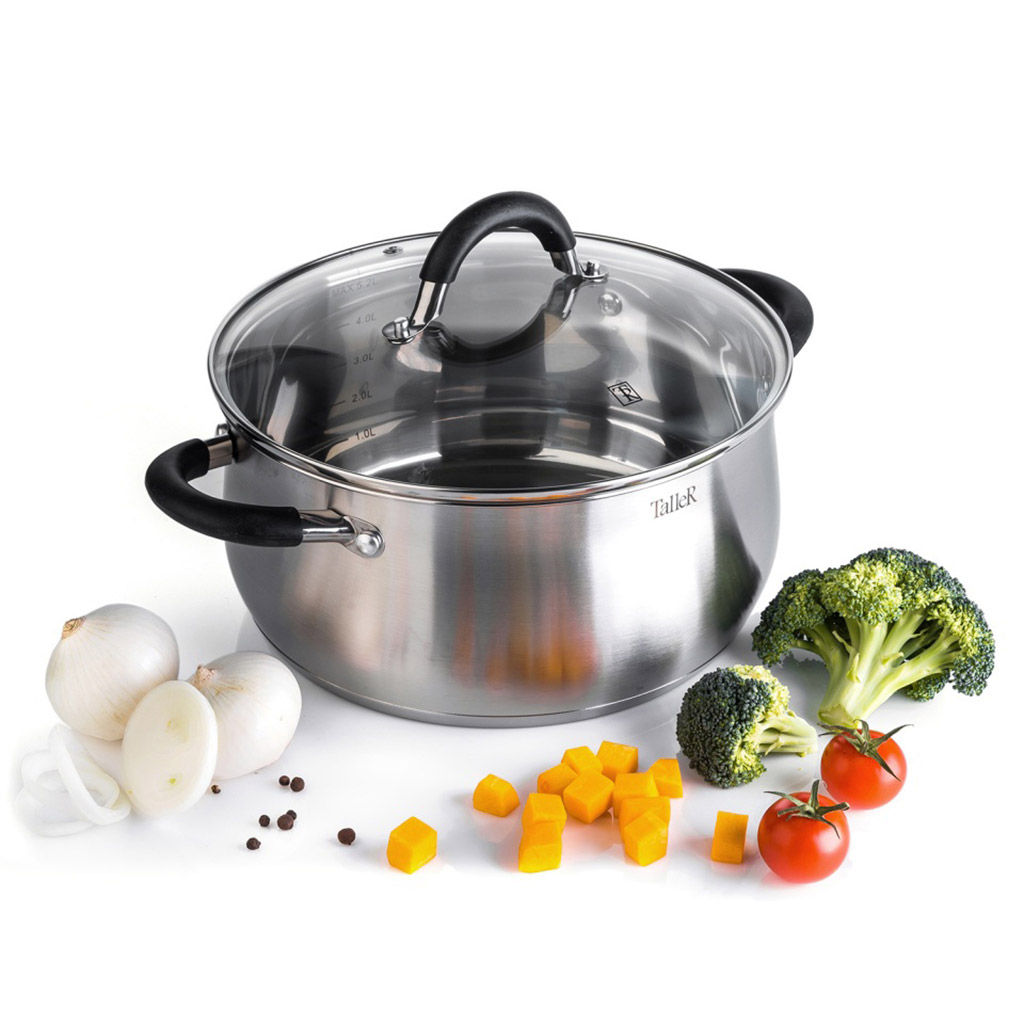 Кастрюля из нержавеющей стали Шелборн 3,2л, д20см, h10,5см, s0,6мм, дно s2,8мм, стеклянная жаропрочная крышка, стальной обод, пароотвод, силиконовые вставки черного цвета, капсулированное дно, полировка внешняя - матовая, внутренняя - зеркальная, м - Домашняя мода фото 3