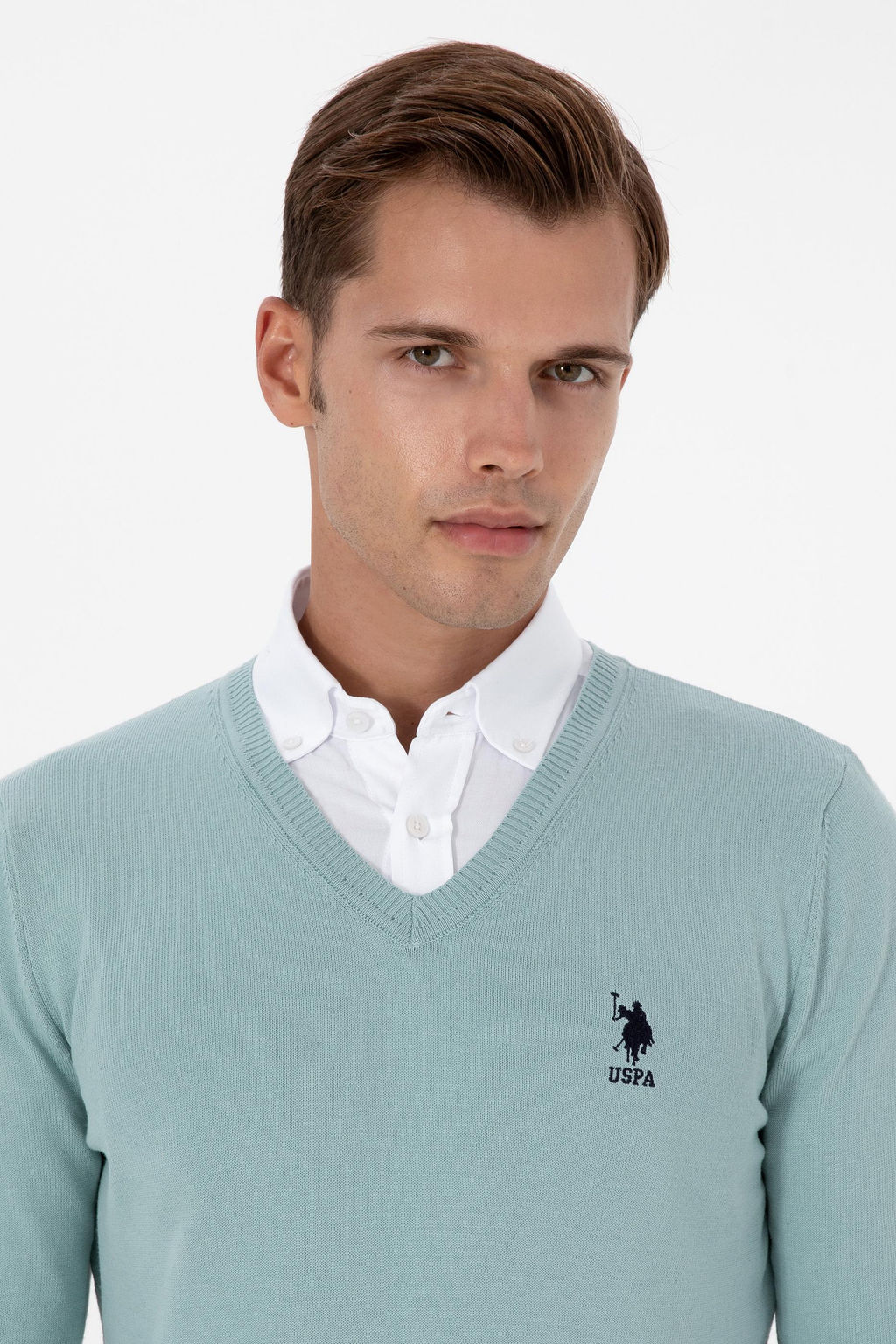 Erkek Slim Fit V Yaka Mint Basic Kazak