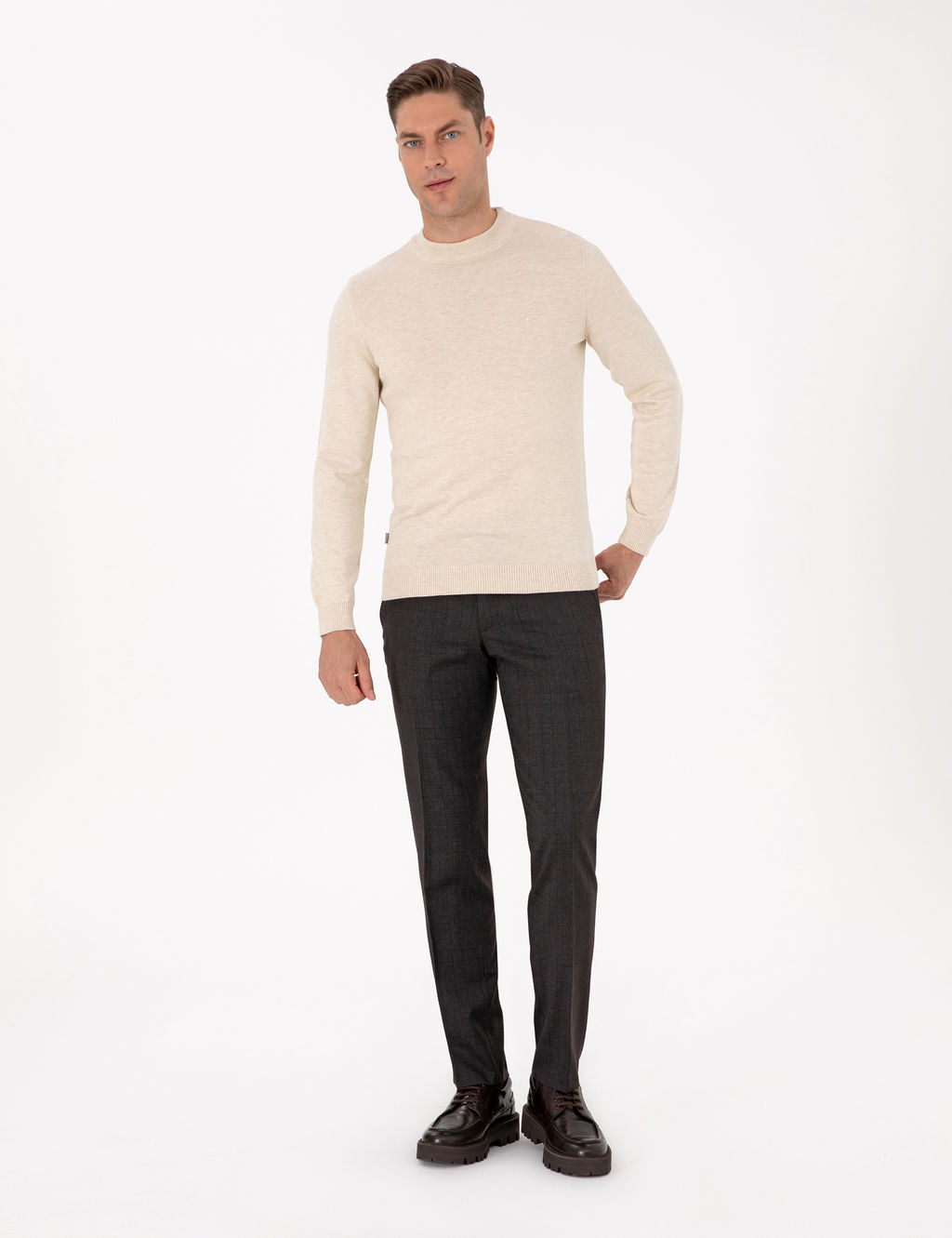 Krem Melanj Slim Fit _eyrek Yaka Basic Triko Kazak