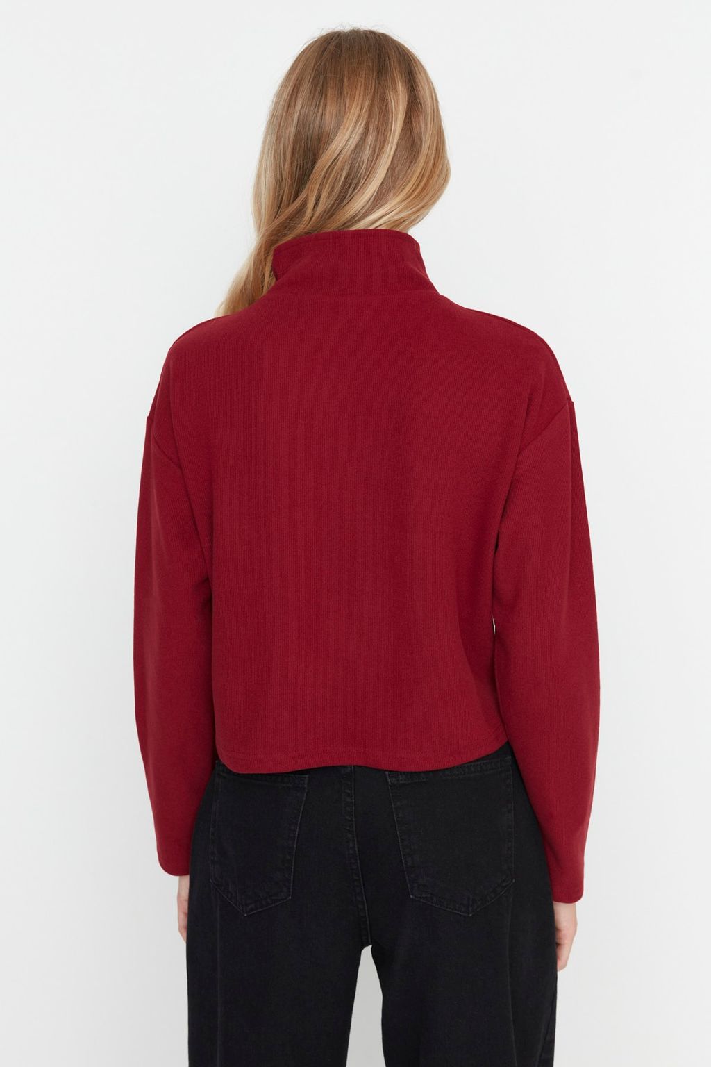 Bordo Selanik/Triko Gorunumlu Fermuarl? Yaka Regular/Normal Kal?p Orme Sweatshirt TWOAW22SW0732
