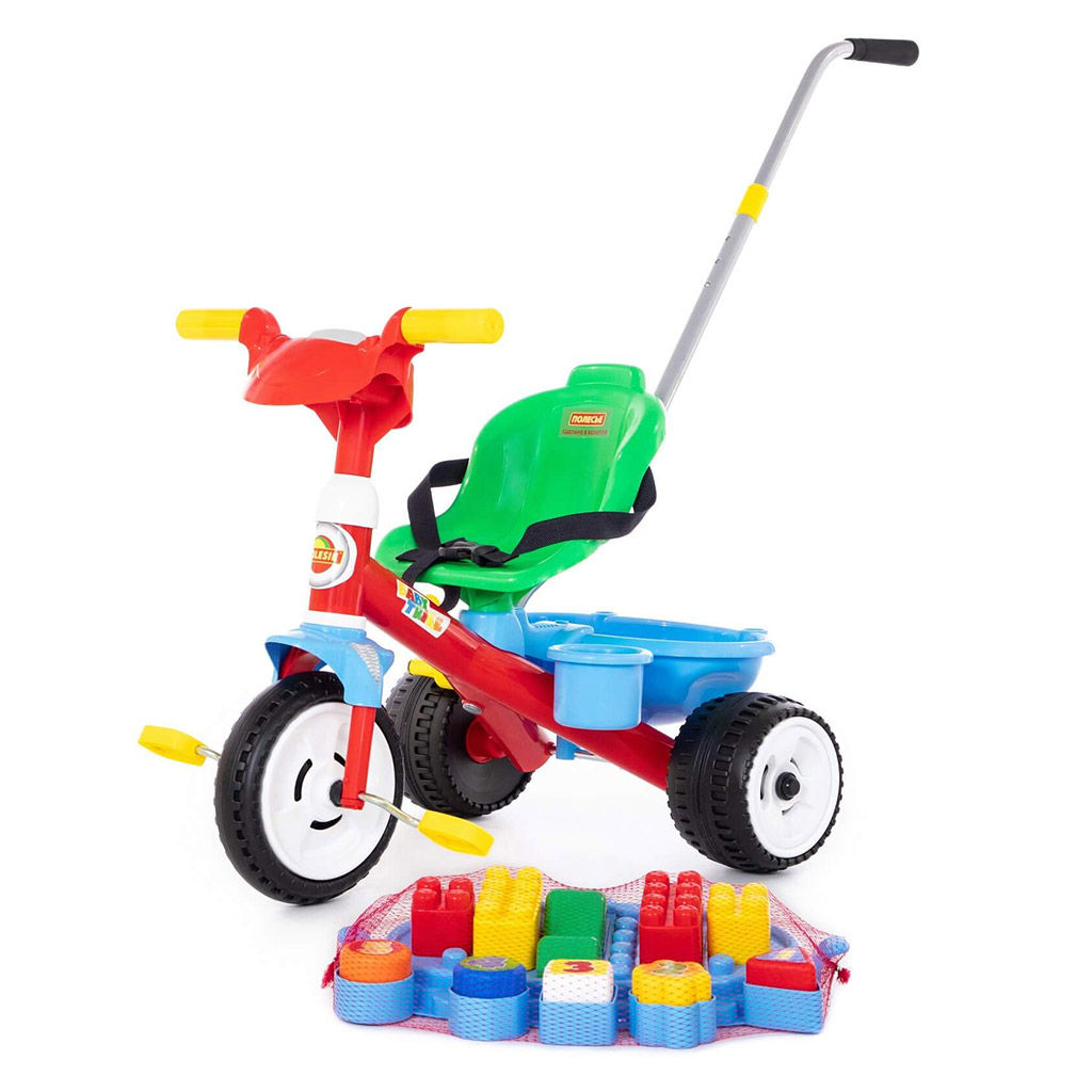 Велосипед 3-х колесный "Беби Трайк" 119х50х85см, с ручкой, звуковым сигналом и ремешком + конструктор 11 элементов, пластик (Беларусь)