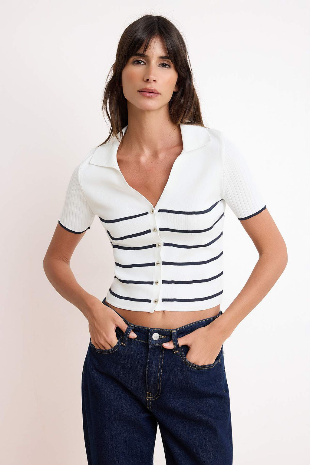 Lacivert-Ekru Ikili Paket Cizgili Basic Bluz TWOSS26BZ00284