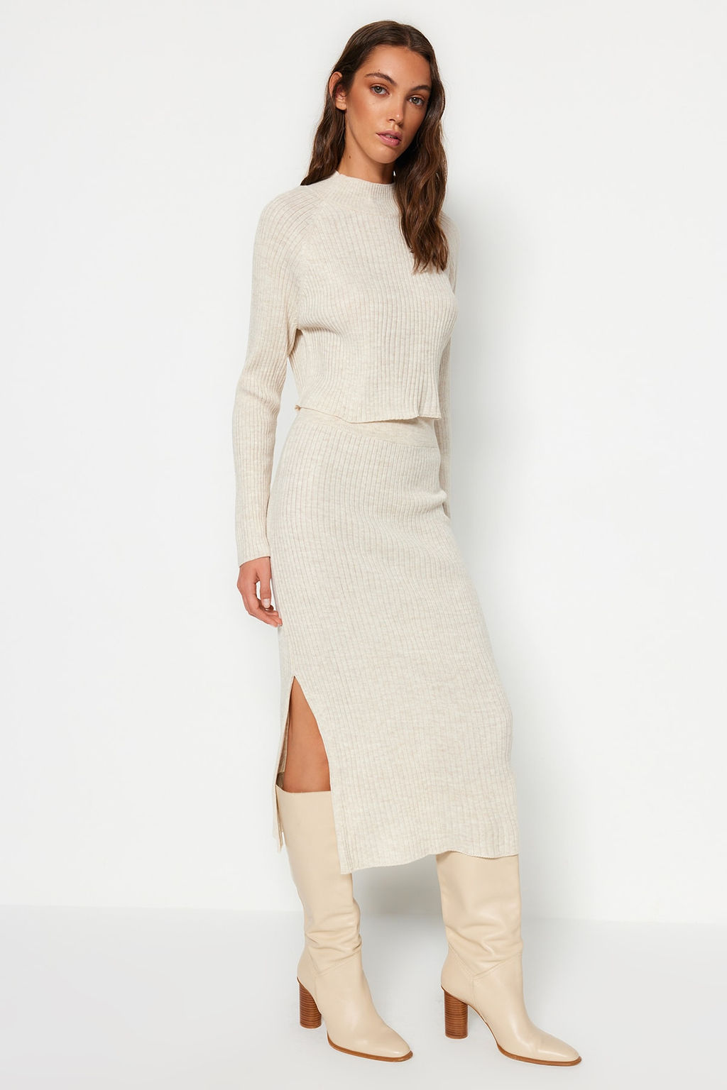 Camel Crop Basic Etekli Triko Alt - Ust Tak?m TWOAW23AU00170 - Trendyolmilla фото 8