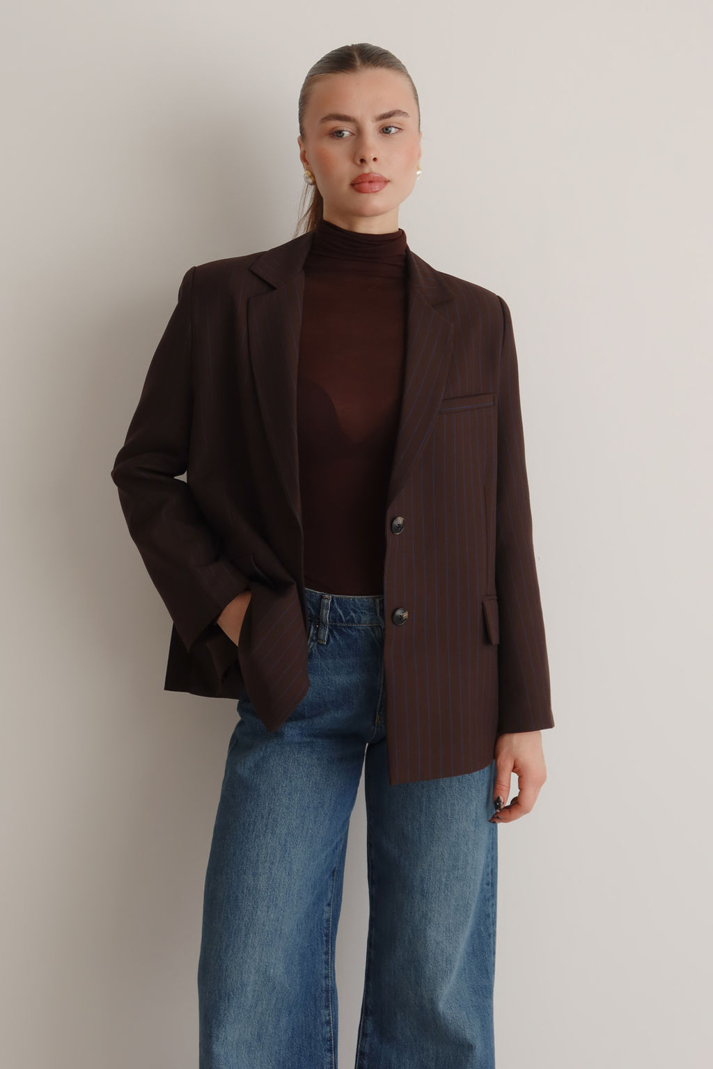 Kahverengi Koyu Mavi Cizgili Oversize Blazer Ceket TWOAW26BC00025