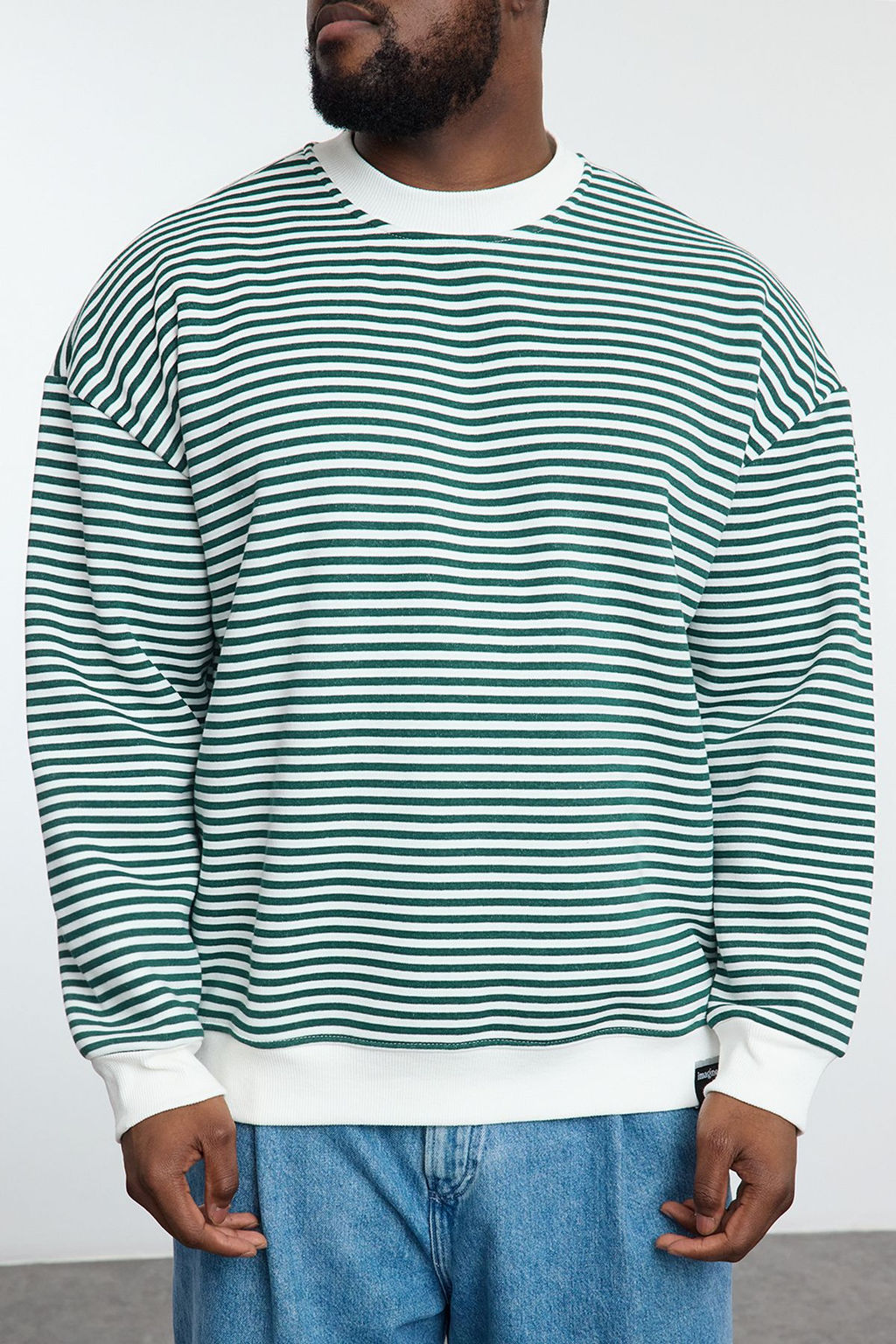 TRENDYOL MAN Buyuk Beden Siyah Oversize/Genis Kesim Cizgili Ici Polarl? Sweatshirt TMNAW25AO00017 - Trendyolmilla фото 3
