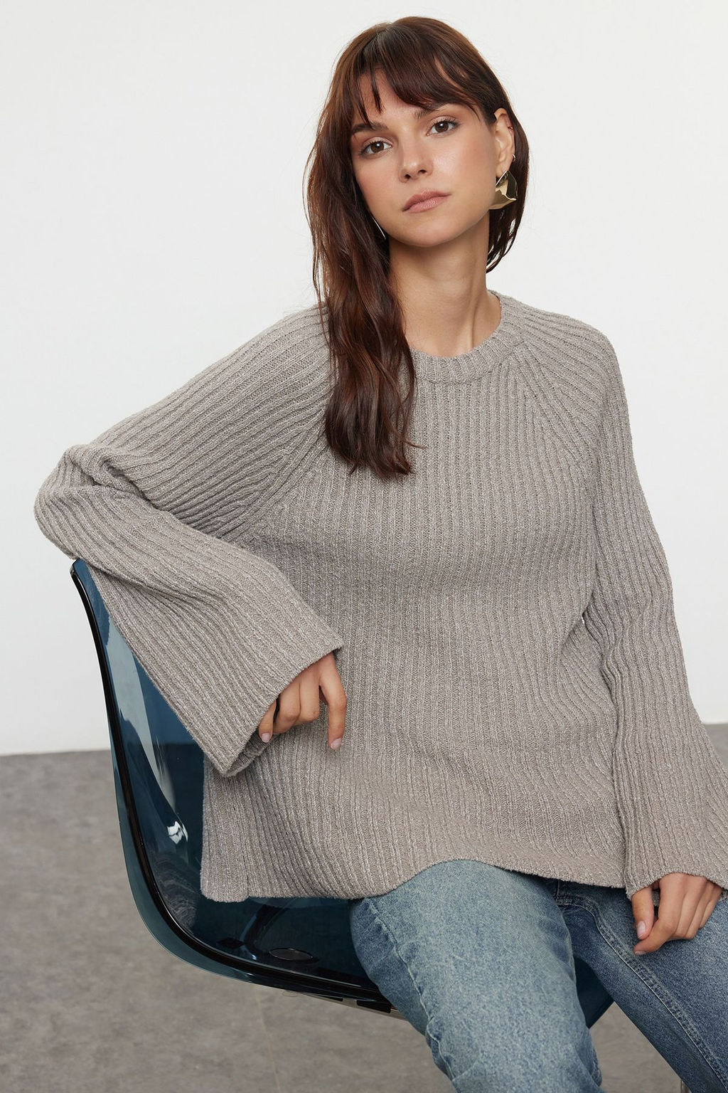 More Sustainable Vizon Genis Kal?p Peplum Detayl? Pamuklu Triko Kazak TWOAW25KZ00305