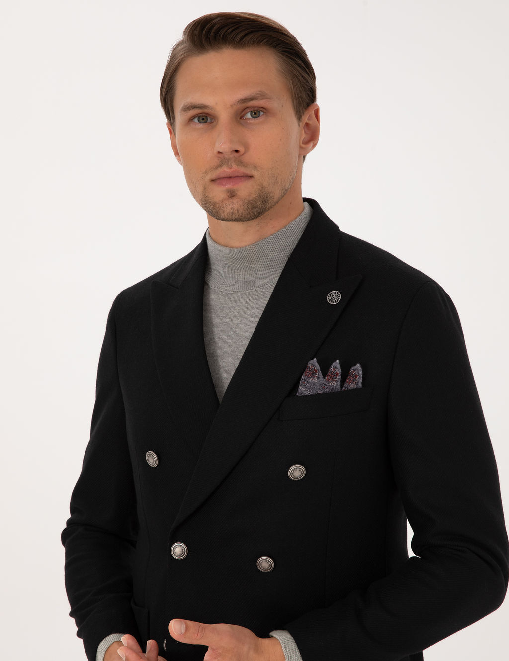 Siyah Ex. Slim Fit Y_n Kar___ml_ Kruvaze Ceket