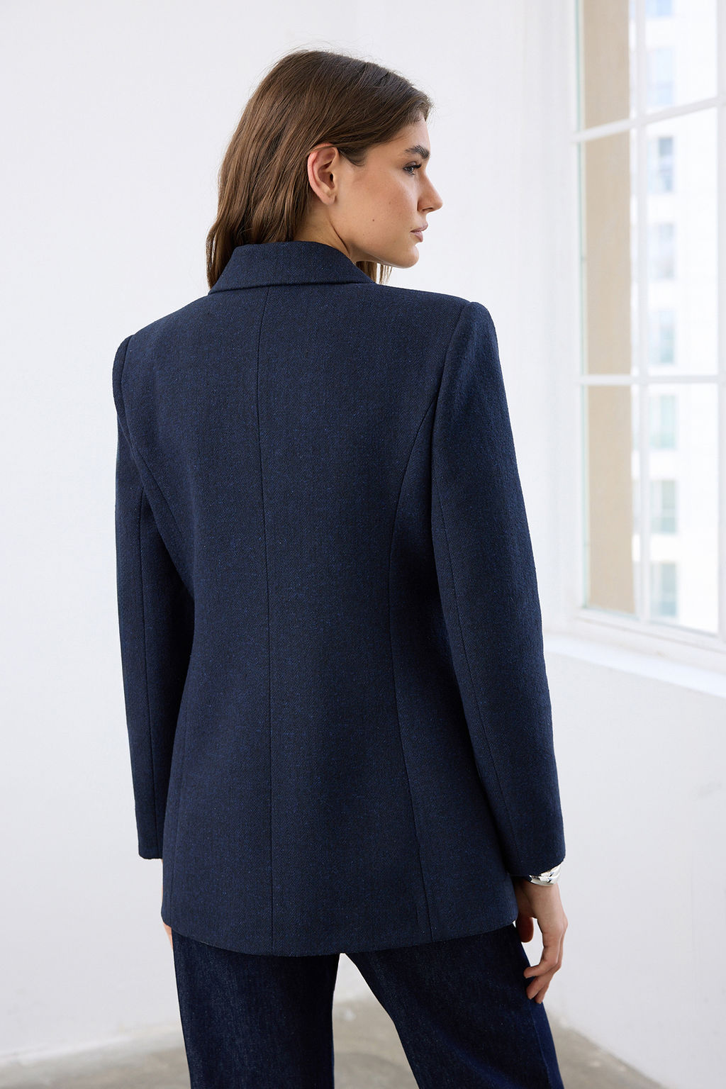 Lacivert Kase Bal?ks?rt? Kruvaze Kapama Normal Kal?p Dokuma Blazer Ceket TWOAW26BC00037 - Trendyolmilla фото 4