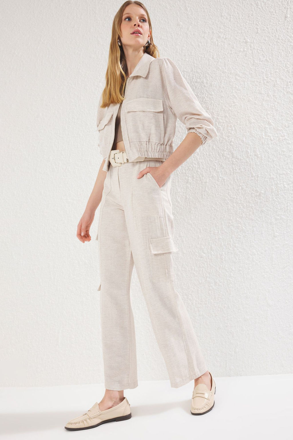 Bej Keten Gorunumlu Yanlar? Cep Detayl? Dokuma Pantolon TWOSS25PL00066 - Trendyolmilla фото 2