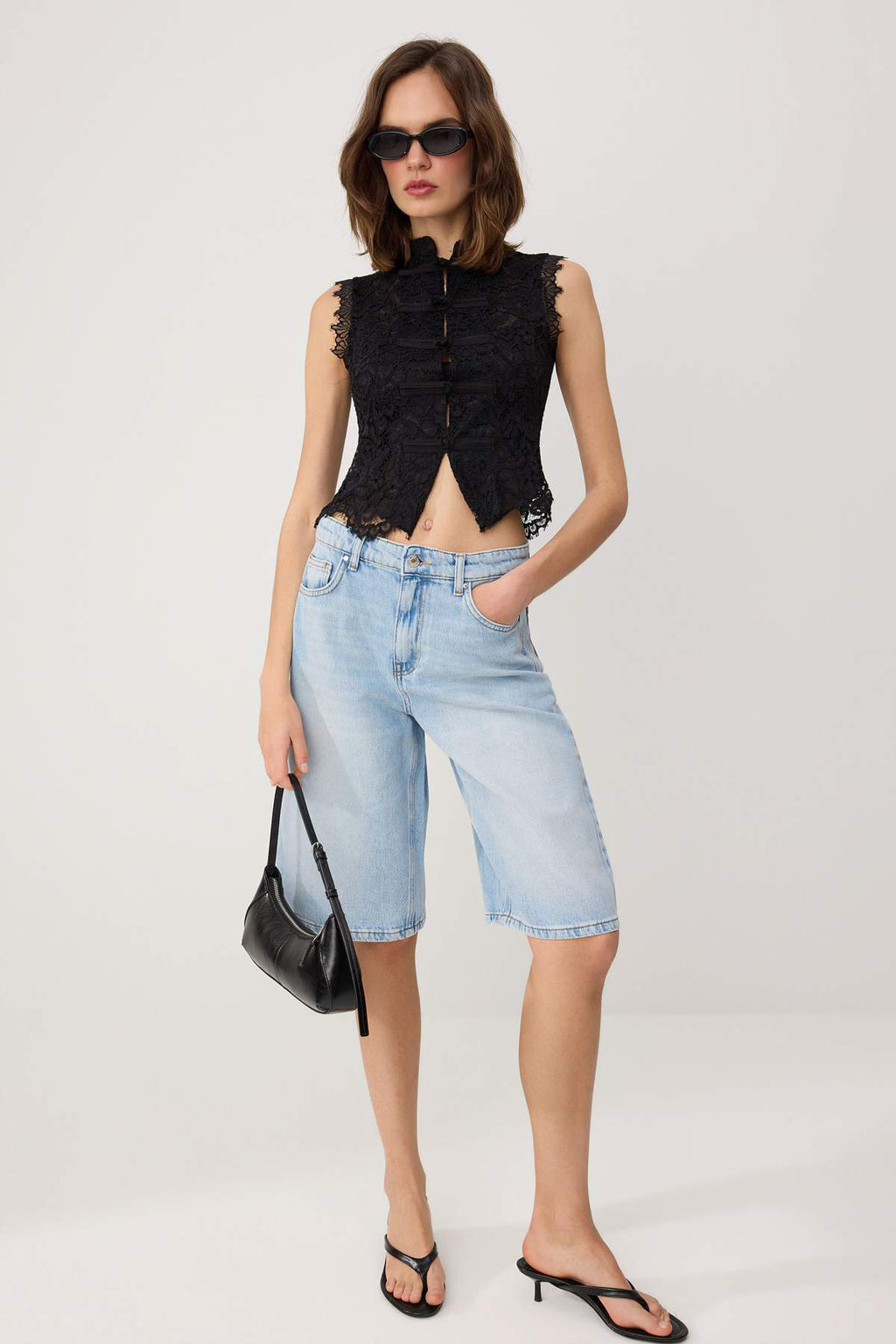 Ac?k Mavi Tencel Kar?s?ml? Yuksek Bel Denim Bermuda TWOSS26SR00152