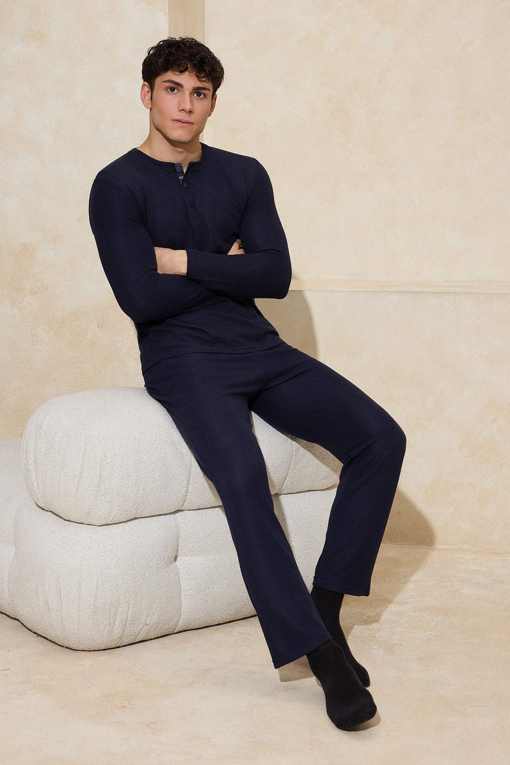 Lacivert Regular Yumusak Waffle Orme Pijama Tak?m? TMNAW26PT00066