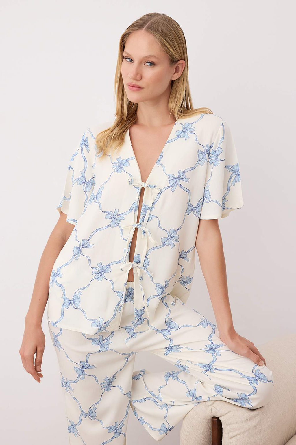 Mavi-Cok Renkli Bask?l? Shally Dokuma Pijama Tak?m? THMAW26PT00109 - Trendyolmilla фото 2