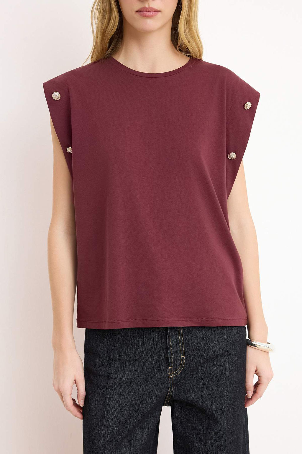 Bordo %100 Pamuk Dugme Detayl? Vatka Gorunumlu Basic Bisiklet Yaka Orme T-Shirt TWOSS23TS00016