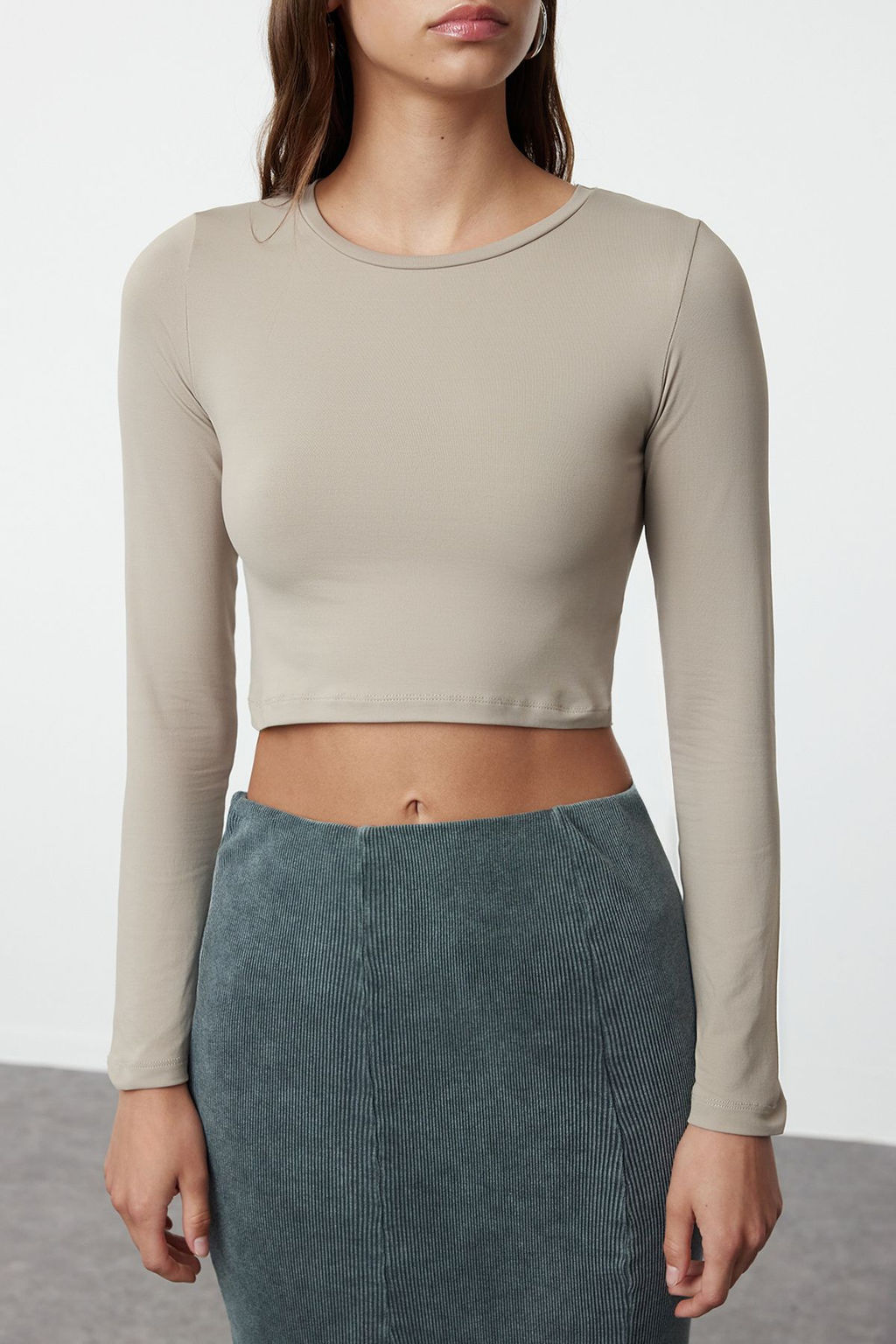 Vizon Poliamid Fitted/Vucuda Oturan Uzun Kollu Bisiklet Yaka Orme Bluz TWOAW25BZ00010 - Trendyolmilla фото 4