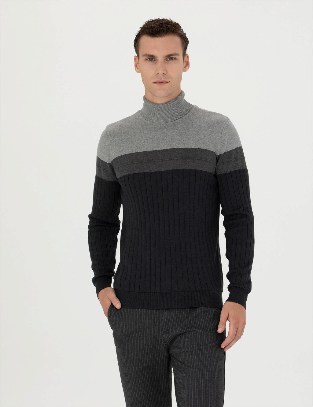 Antrasit Melanj Slim Fit Bal_k__ Yaka Triko Kazak