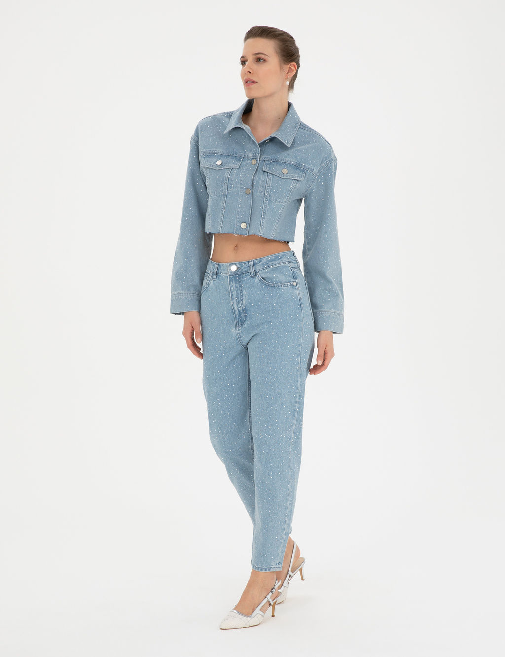 A__k Mavi Parlak Ta_l_ Mom Fit Jean Pantolon