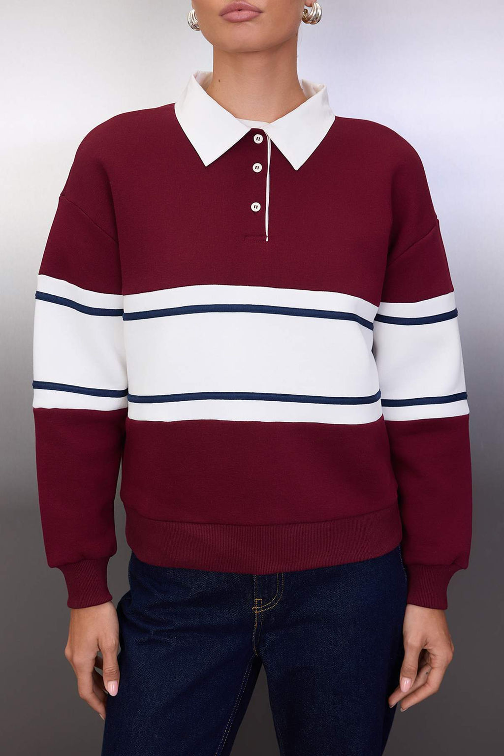 Bordo Renk Bloklu Polo Yaka Oversize/Genis Kal?p Orme Sweatshirt TWOAW26SW00119 - Trendyolmilla фото 3