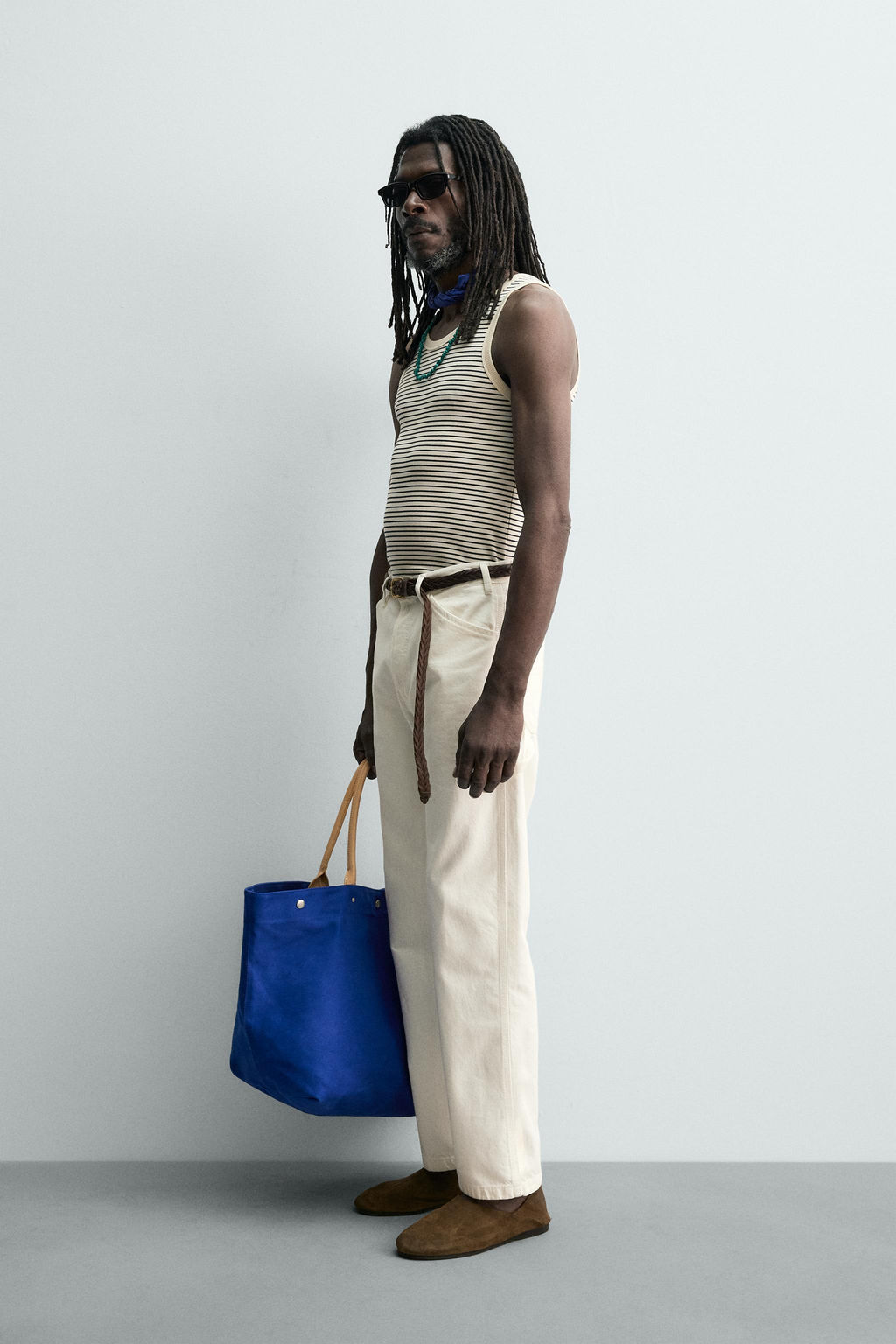 CAMISETA TANK JACQUARD RAYAS X AARON LEVINE / Crudo / Azul
