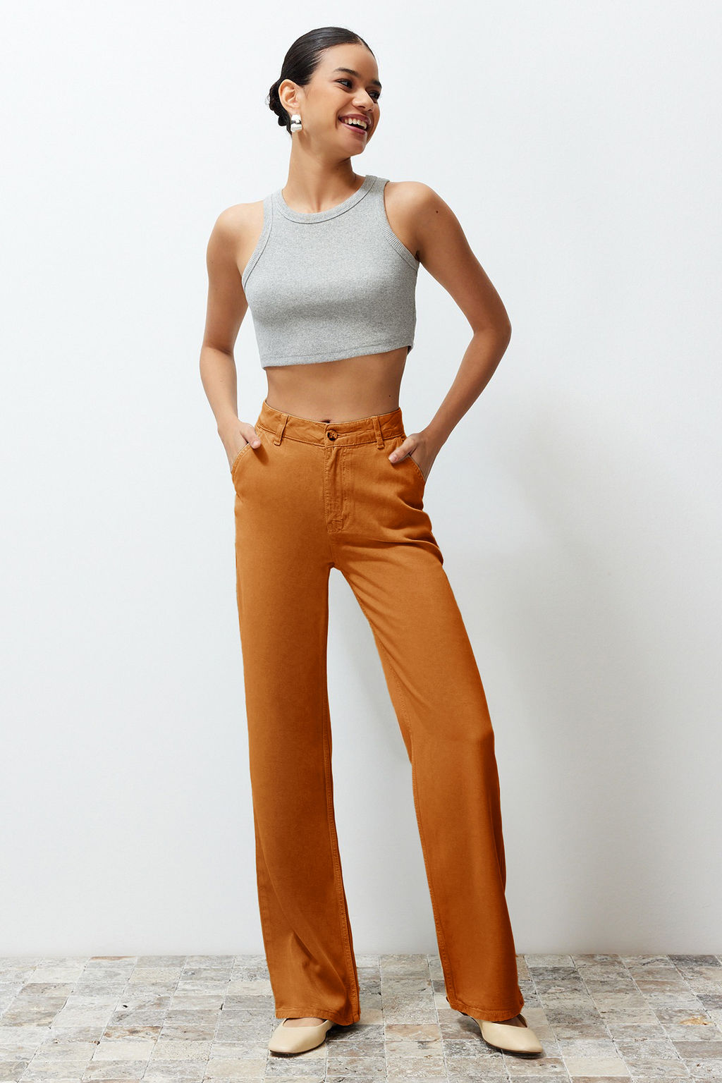 Bej More Sustainable %100 Tencel Dusuk Bel Wide Leg Jeans TWOSS23JE00219 - Trendyolmilla фото 12