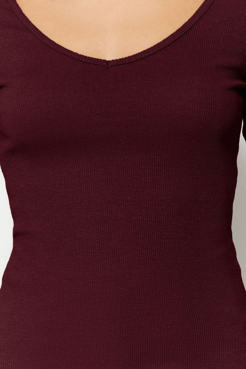 Bordo-Tas 2li Paket V Yaka Fitted/Vucuda Oturan Pamuklu Esnek Orme Bluz TWOAW24BZ00068