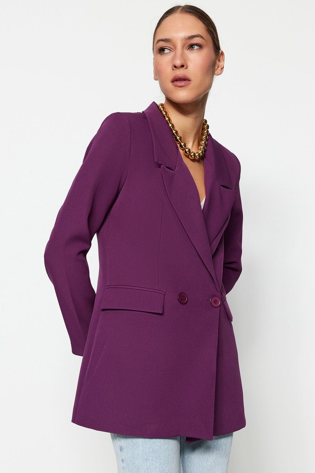 TRENDYOLMILLA Siyah Regular Astarl? Kruvaze Kapama Dokuma Blazer Ceket TWOSS20CE0059  фото 8