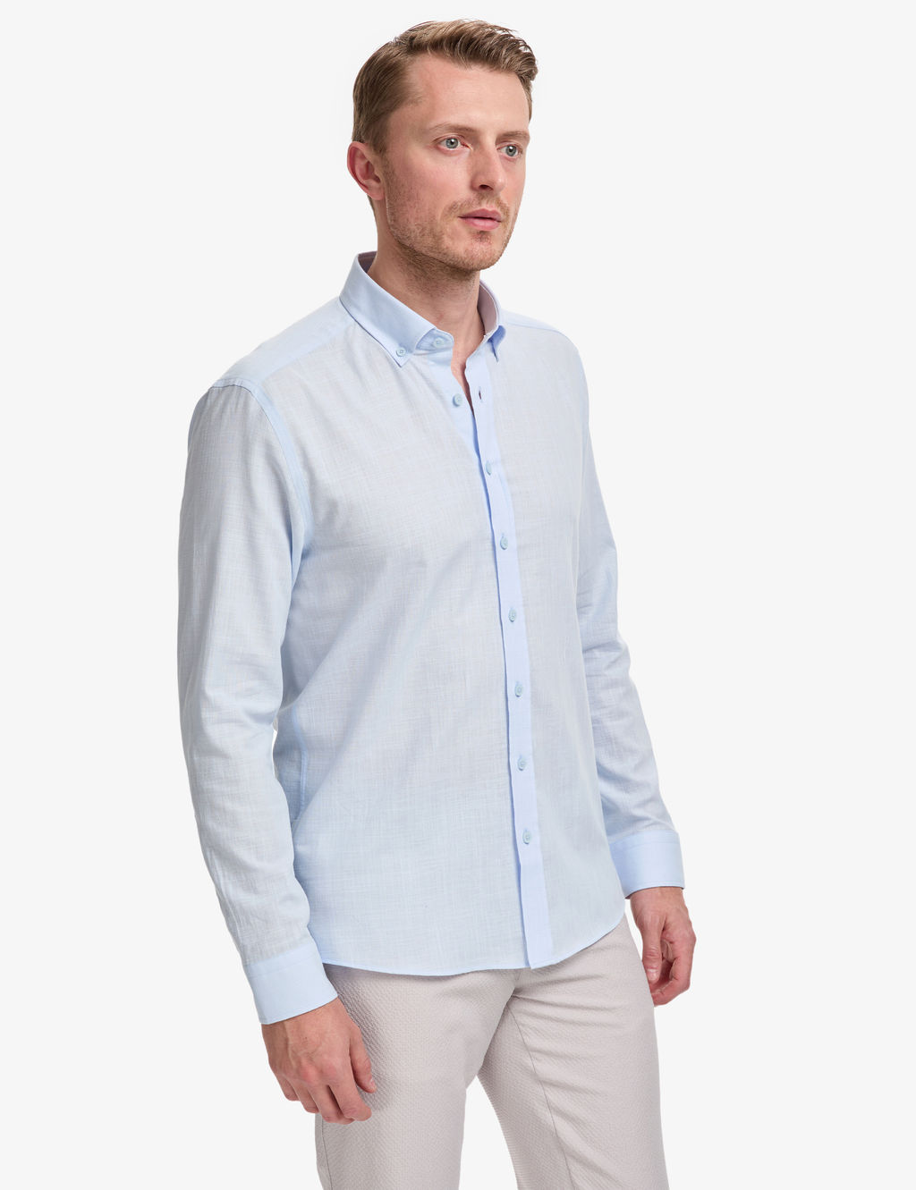A__k Mavi %100 Pamuk Keten G_r_n_ml_ Slim Fit Uzun Kollu G_mlek