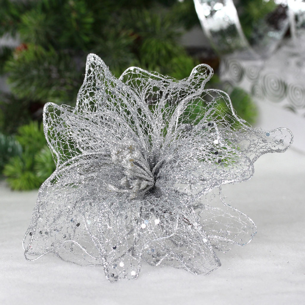 Цена за 2шт. Украшение новогоднее "Пуансеттия - Лунная ночь" 26 см, Серебро