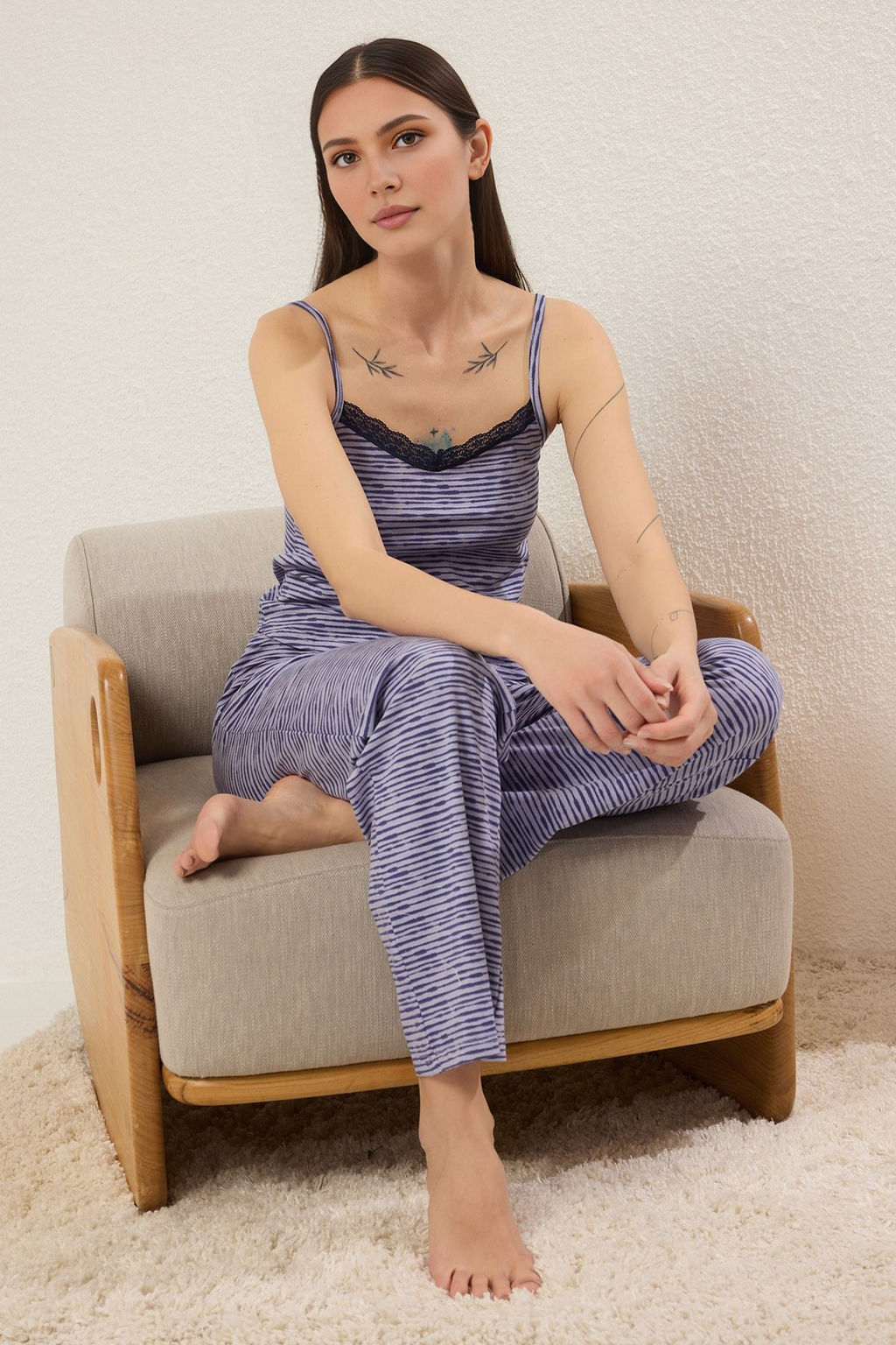 Trendyolmilla Pudra Pamuklu Cizgili Dantelli Ip Ask?l? Orme Pijama Tak?m? THMSS23PT00227 фото 17