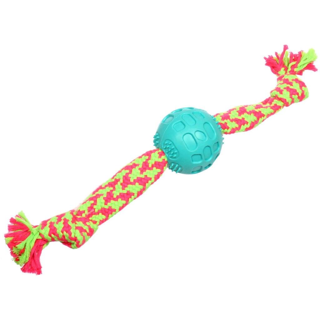 Цена за 2 шт. Игрушка-канат для всех пород собак с мячиком "Счастливый хвост!", цвет ярко-зеленый, 40*6см/95гр