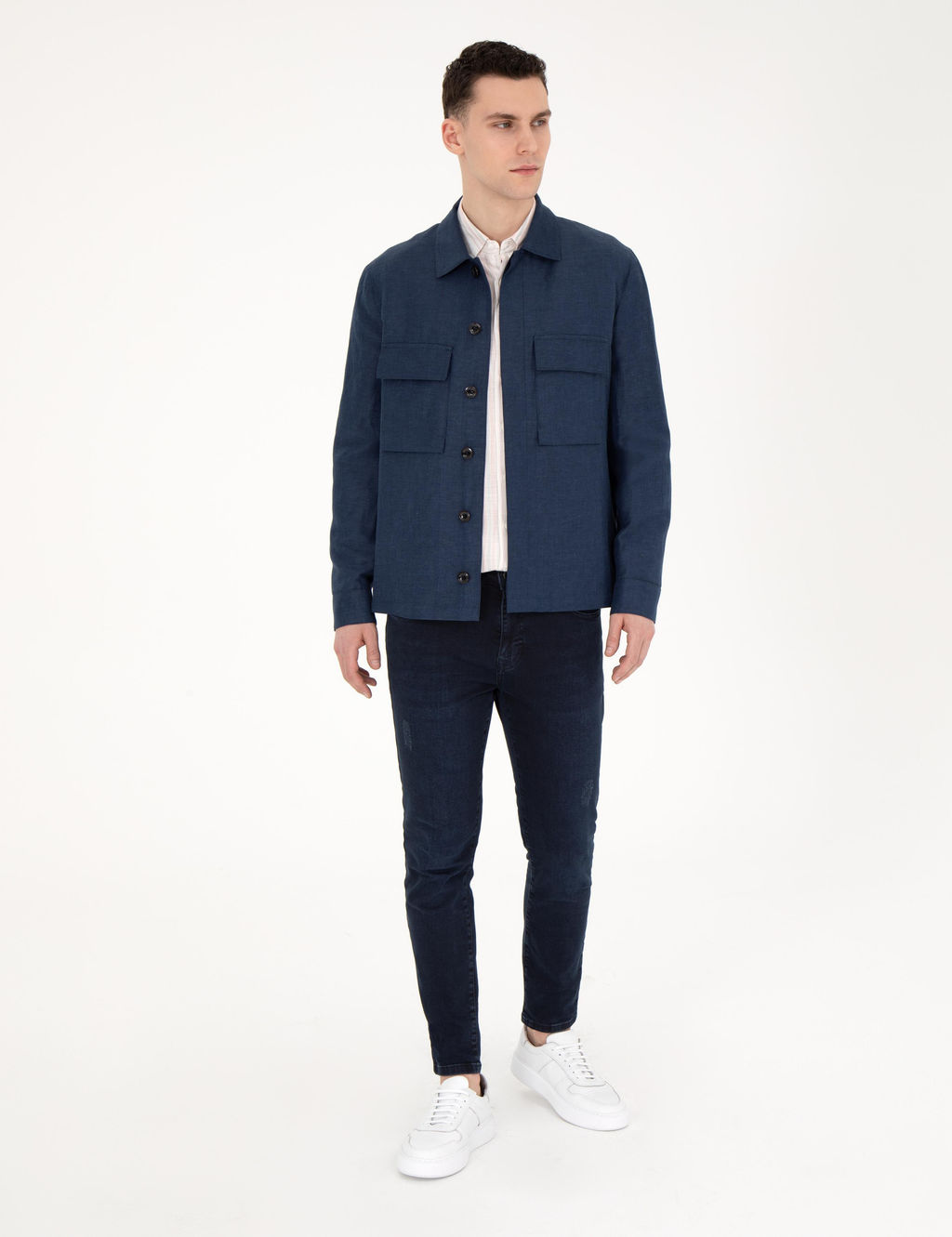 Lacivert Regular Fit Keten Kar___ml_ D__meli Ceket
