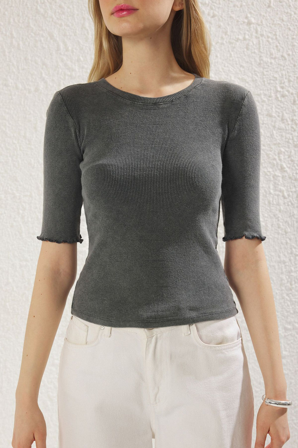 Antrasit Y?kamal? Fitilli Fitted/Vucuda Oturan Bisiklet Yaka Esnek Orme Bluz TWOSS23BZ00025