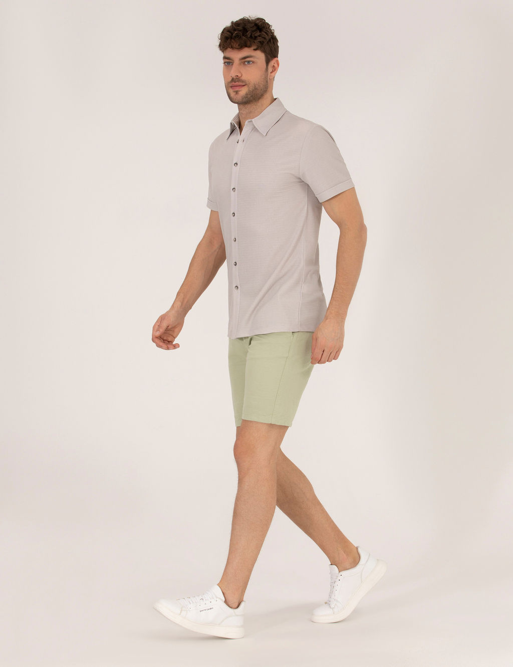 A__k Ye_il Slim Fit Keten Kar___ml_ Beli Lastikli Bermuda _ort