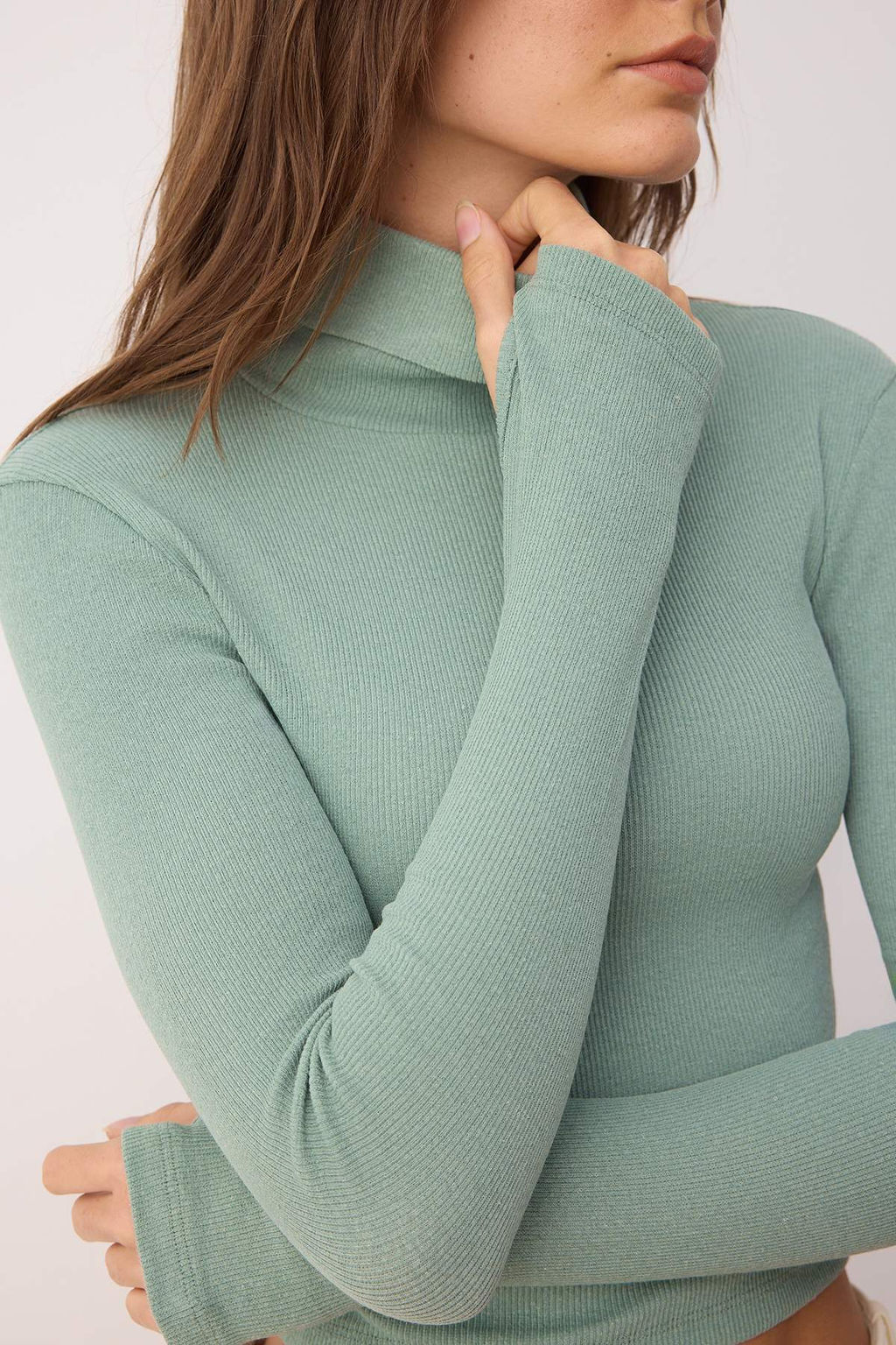 Koyu Mint Fitted/Vucuda Oturan Bal?kc? Yaka Parmak Detayl? Fitilli Esnek Orme Bluz TWOAW21BZ0071