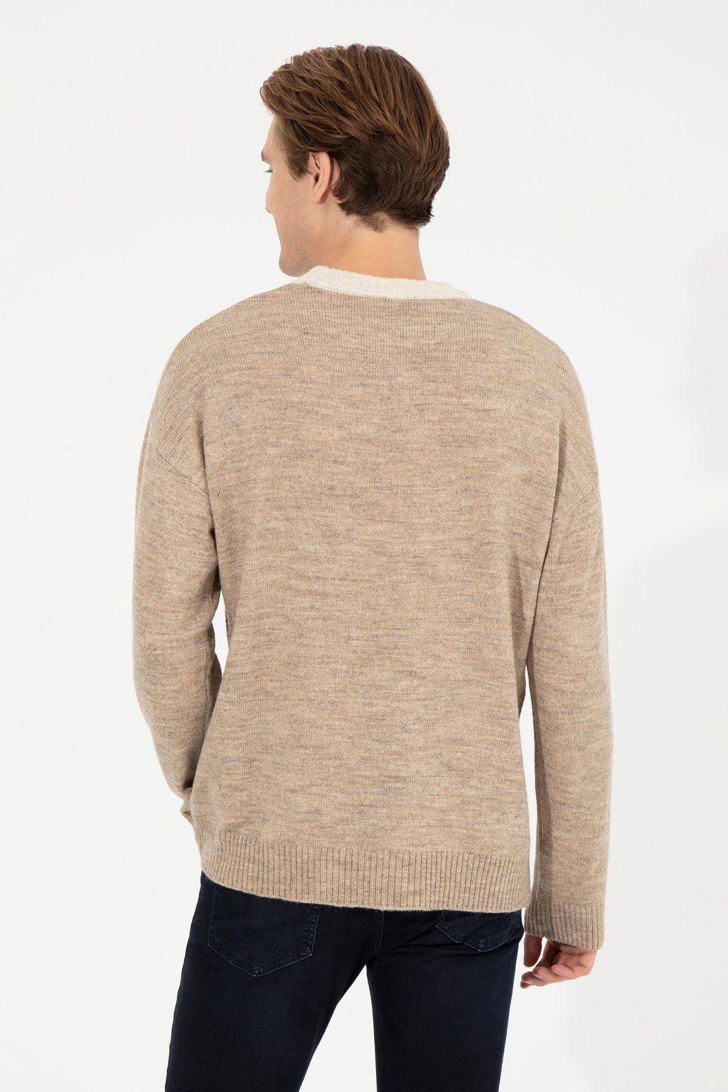 U. S. Polo Assn Мужской светло-коричневый меланжевый трикотажный свитер с круглым вырезом - U.s. polo assn фото 5