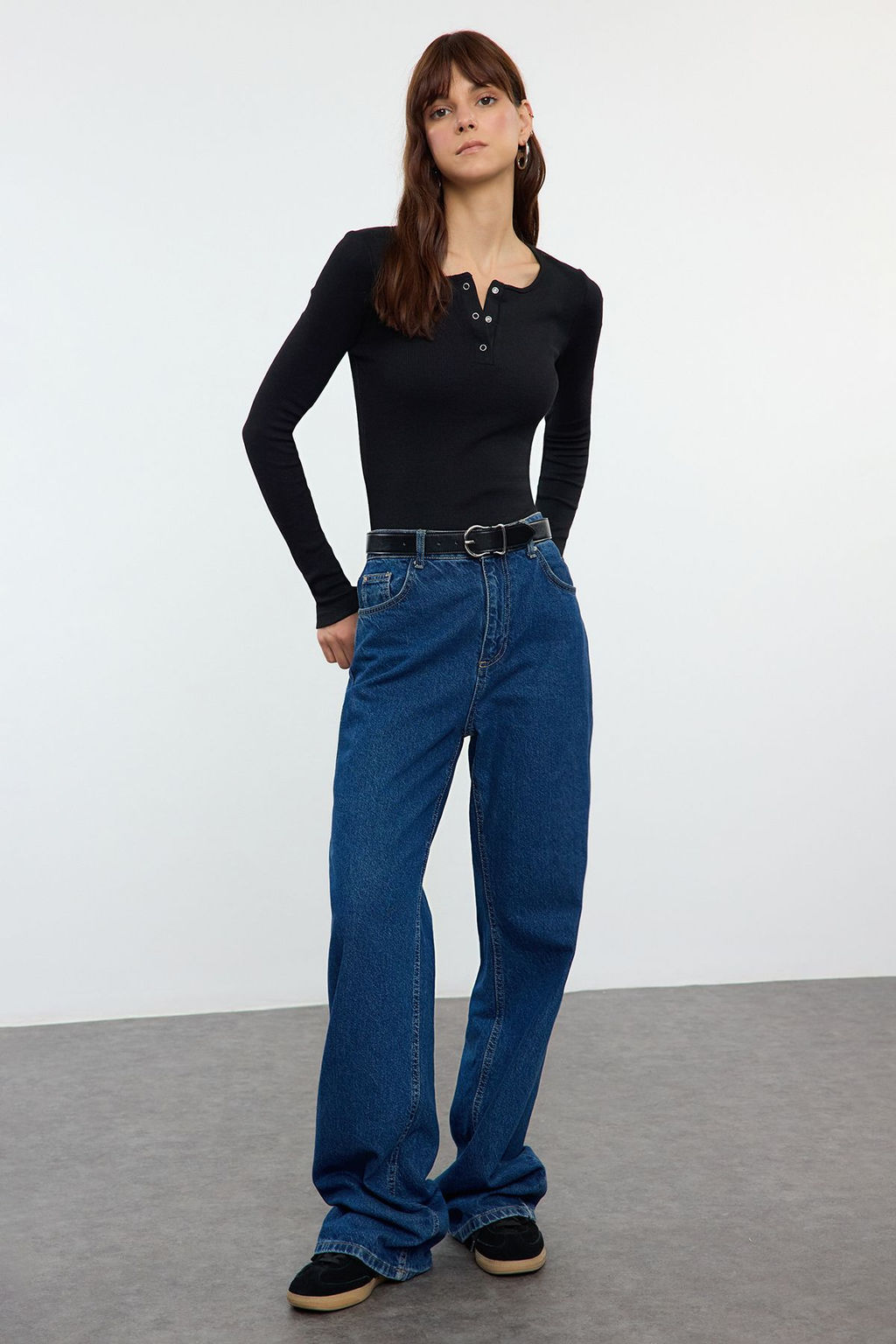 Siyah C?tc?tl? Fitted/Vucuda Oturan Fitilli Esnek Orme Bluz TWOAW25BZ00080