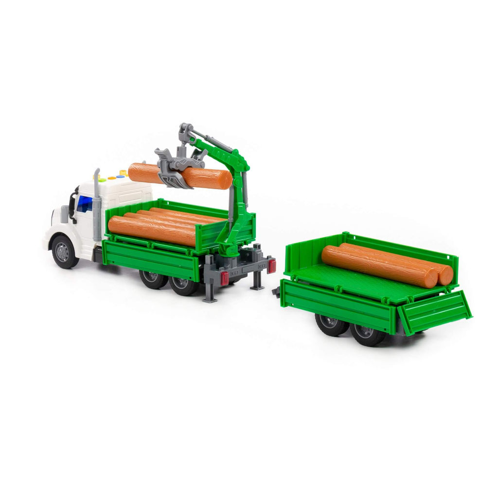 Профи, автомобиль бортовой с манипулятором и прицепом инерционный (со светом и звуком) (зелёный) (в коробке) - Полесье фото 3