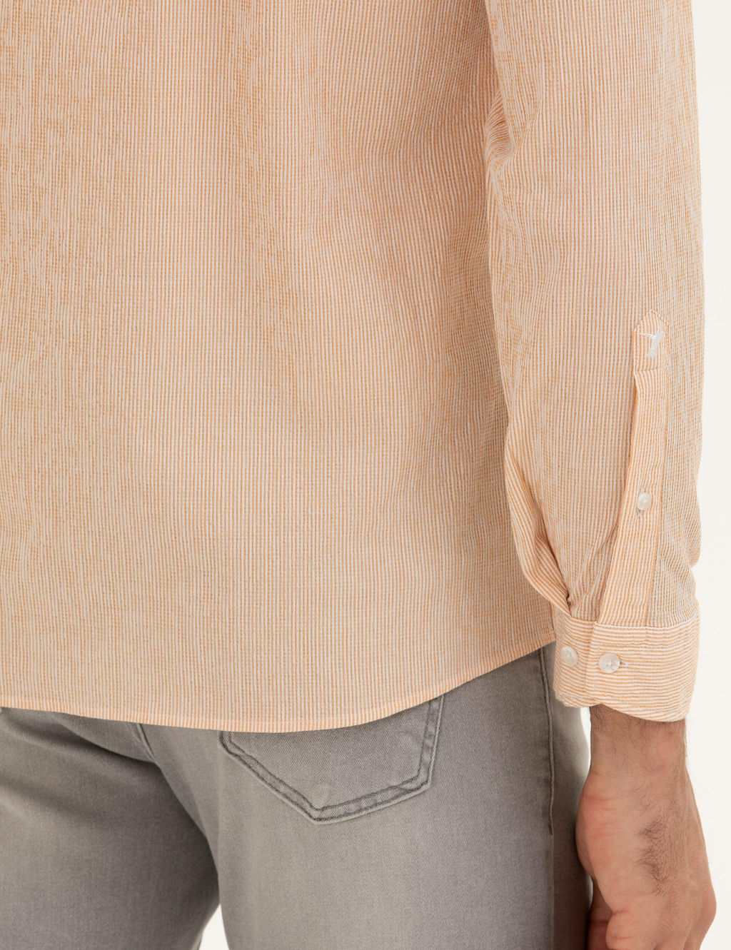 Оранжевая рубашка узкого кроя из смесового хлопка в полоску - Cacharel фото 7