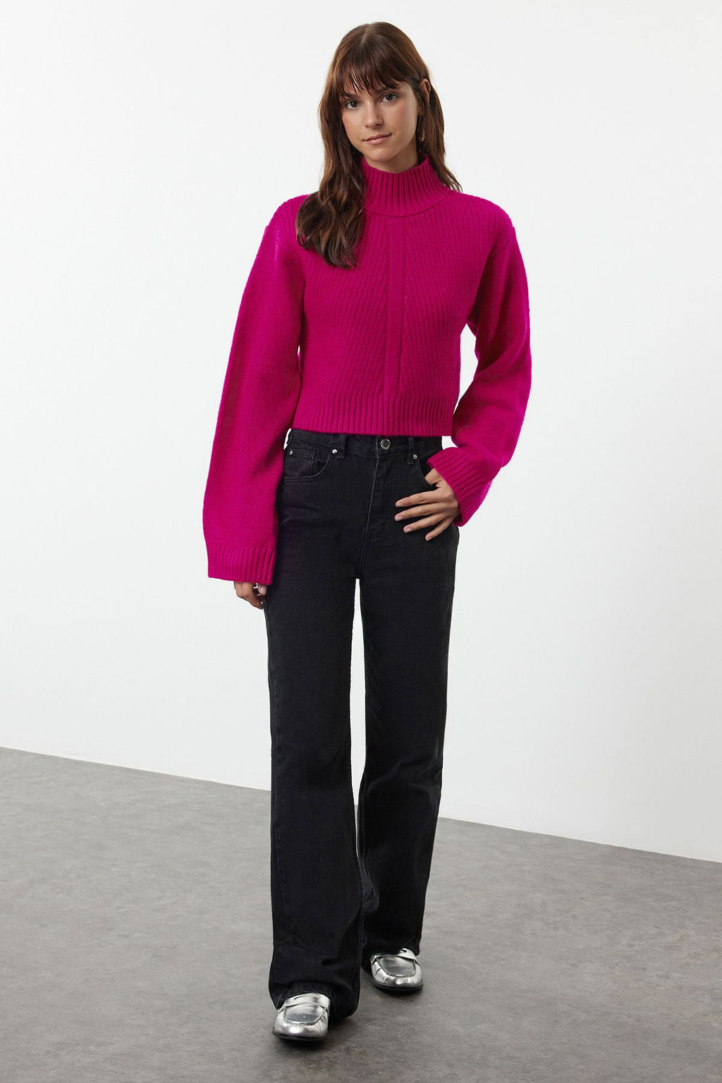 Ekru Crop Yumusak Dokulu Dik Yaka Triko Kazak TWOAW24KZ00320 - Trendyolmilla фото 10