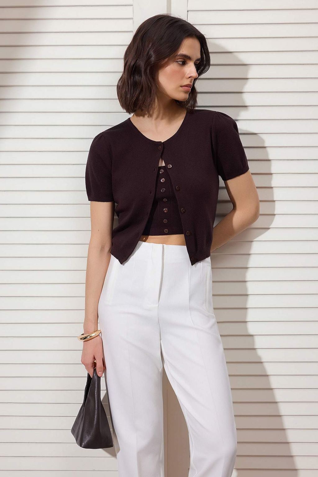 Kahverengi Basic Yumusak Straplez Bluz- Bisiklet Yaka H?rka Tak?m Triko H?rka TWOSS26HI00010