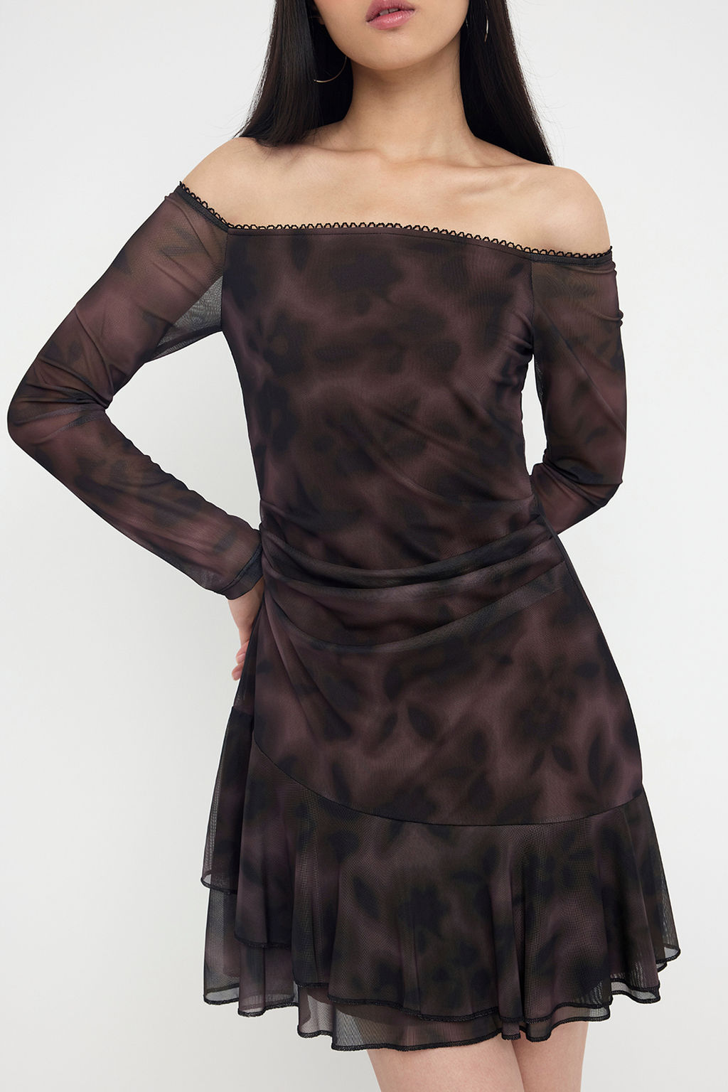 Cok Renkli Bask?l? Bodycon Mini F?rf?rl? Carmen Yaka Astarl? Tul Esnek Orme Elbise TWOAW26EL00031 - Trendyolmilla фото 3